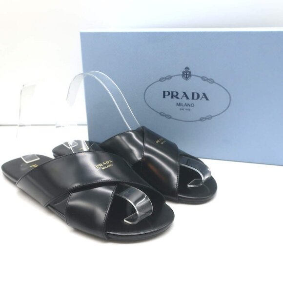 Prada Crisscross Flat Slide Sandals Black Brushed Leather Size 38 - Picture 1 of 13